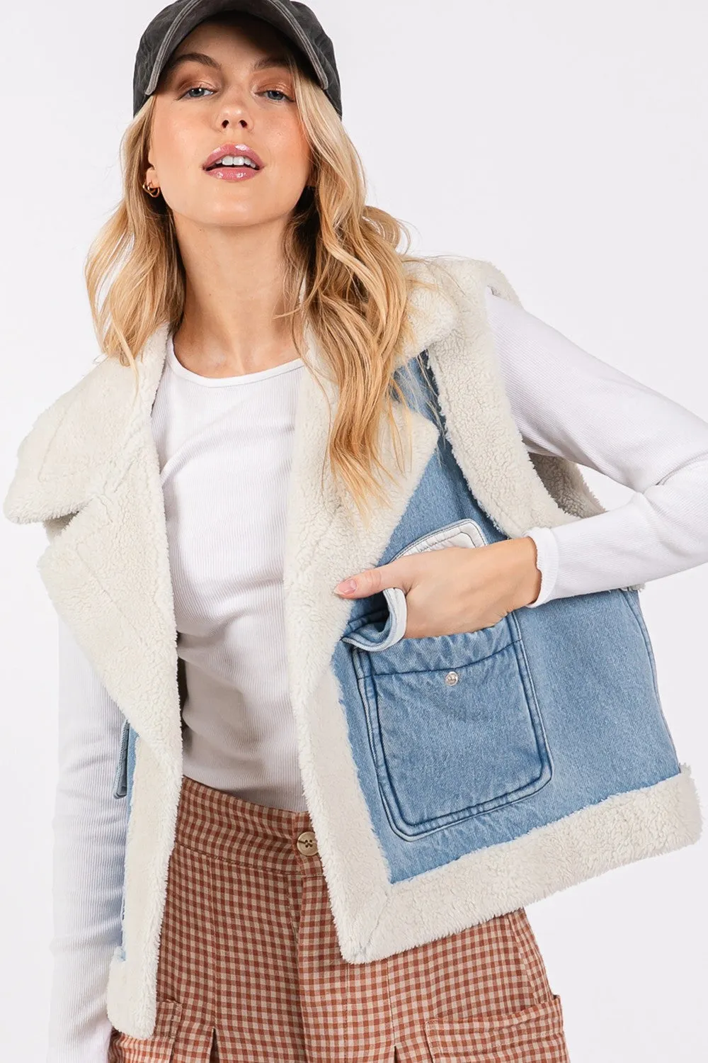 SAGE   FIG Pocketed Collared Neck Sherpa Vest