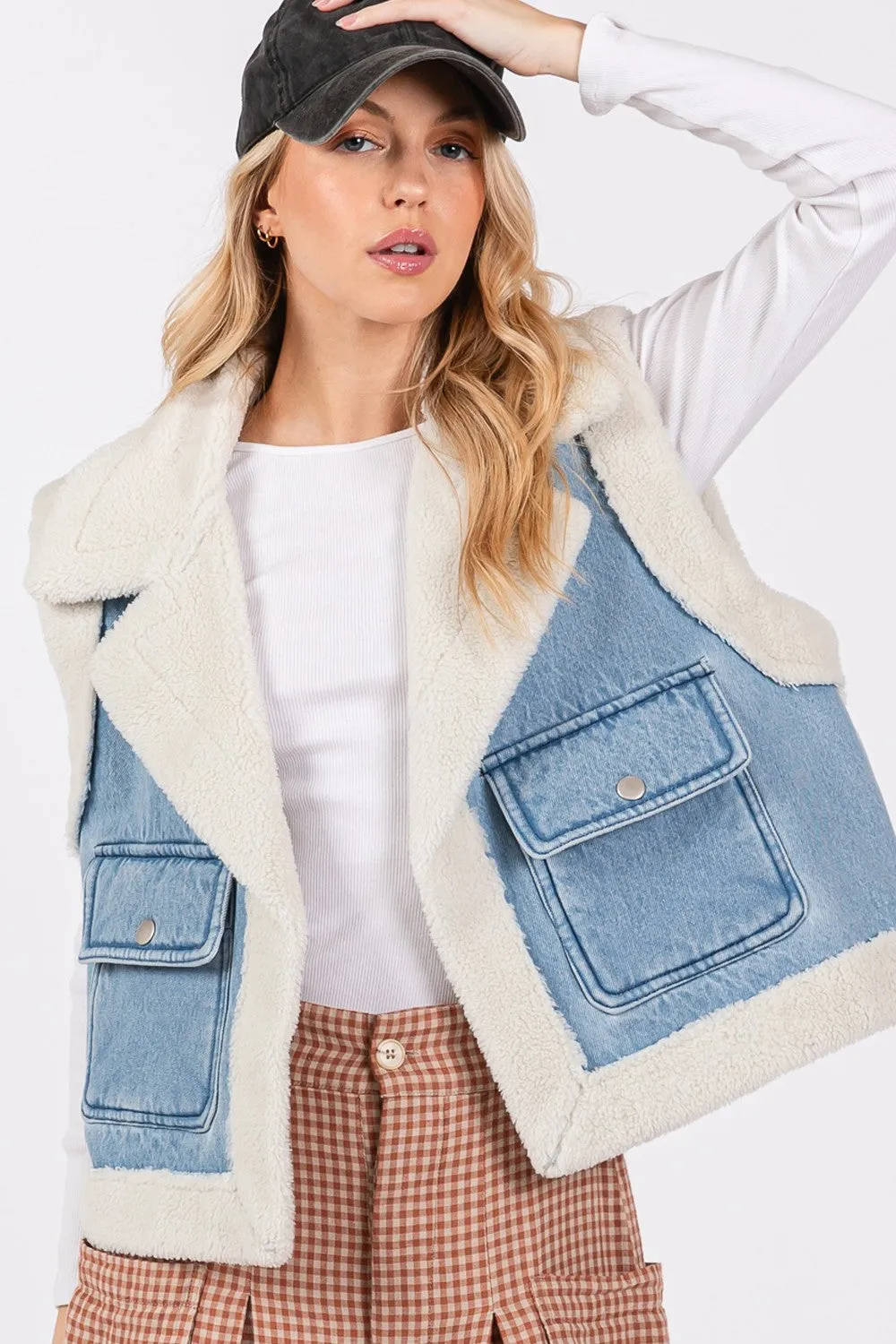 SAGE   FIG Pocketed Collared Neck Sherpa Vest