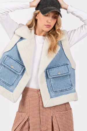 SAGE   FIG Pocketed Collared Neck Sherpa Vest