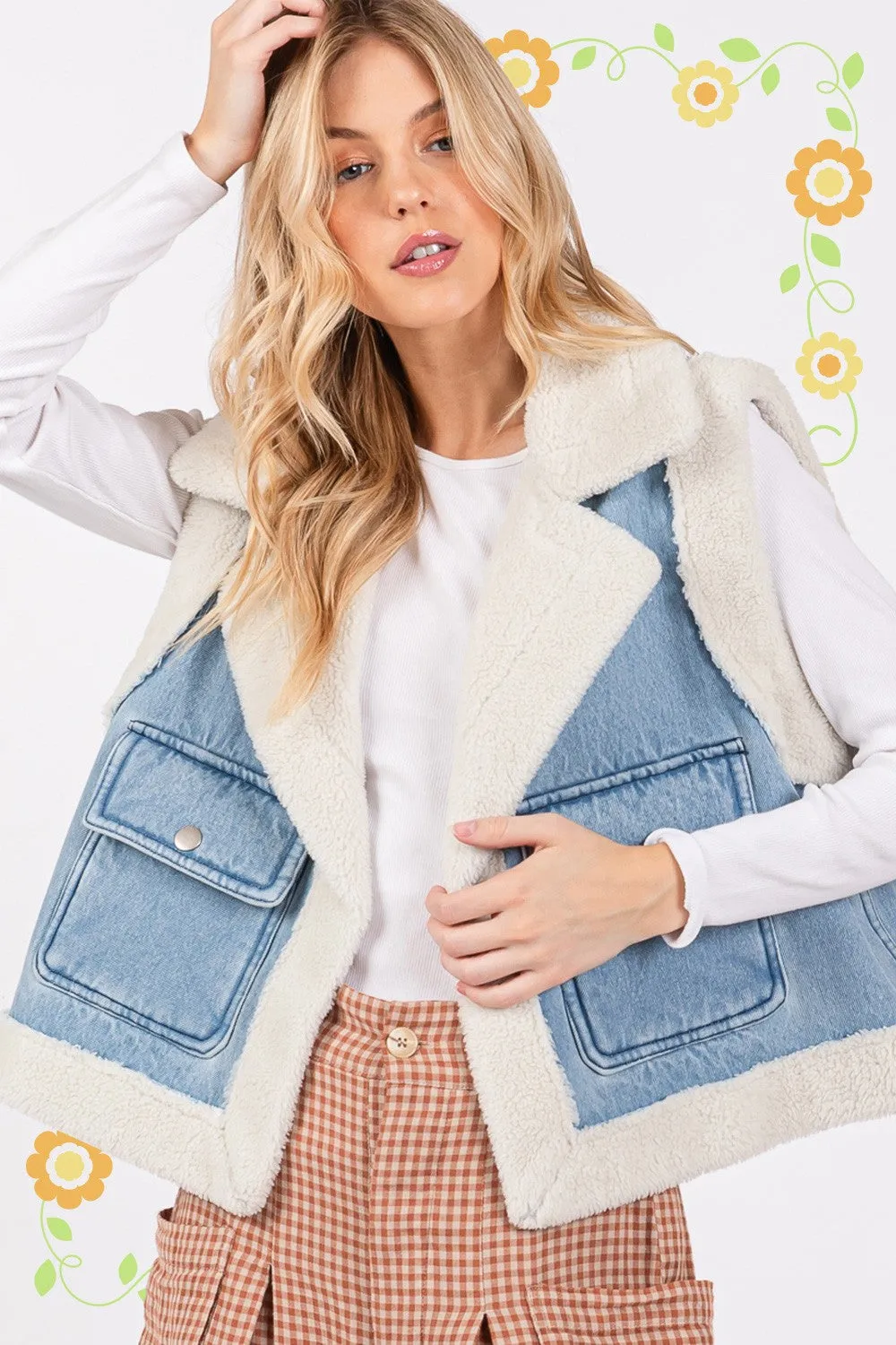 SAGE   FIG Pocketed Collared Neck Sherpa Vest