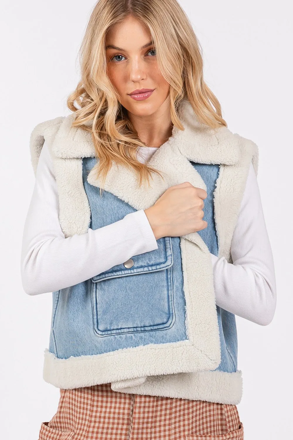 SAGE   FIG Pocketed Collared Neck Sherpa Vest