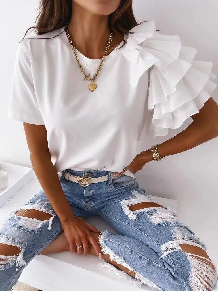 Simple Fashion Ruffles Sleeve Round Neck Blouses