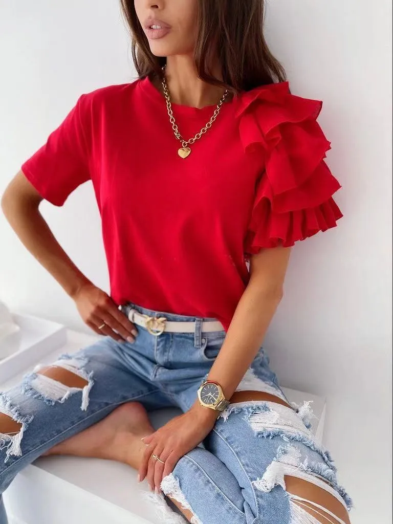 Simple Fashion Ruffles Sleeve Round Neck Blouses