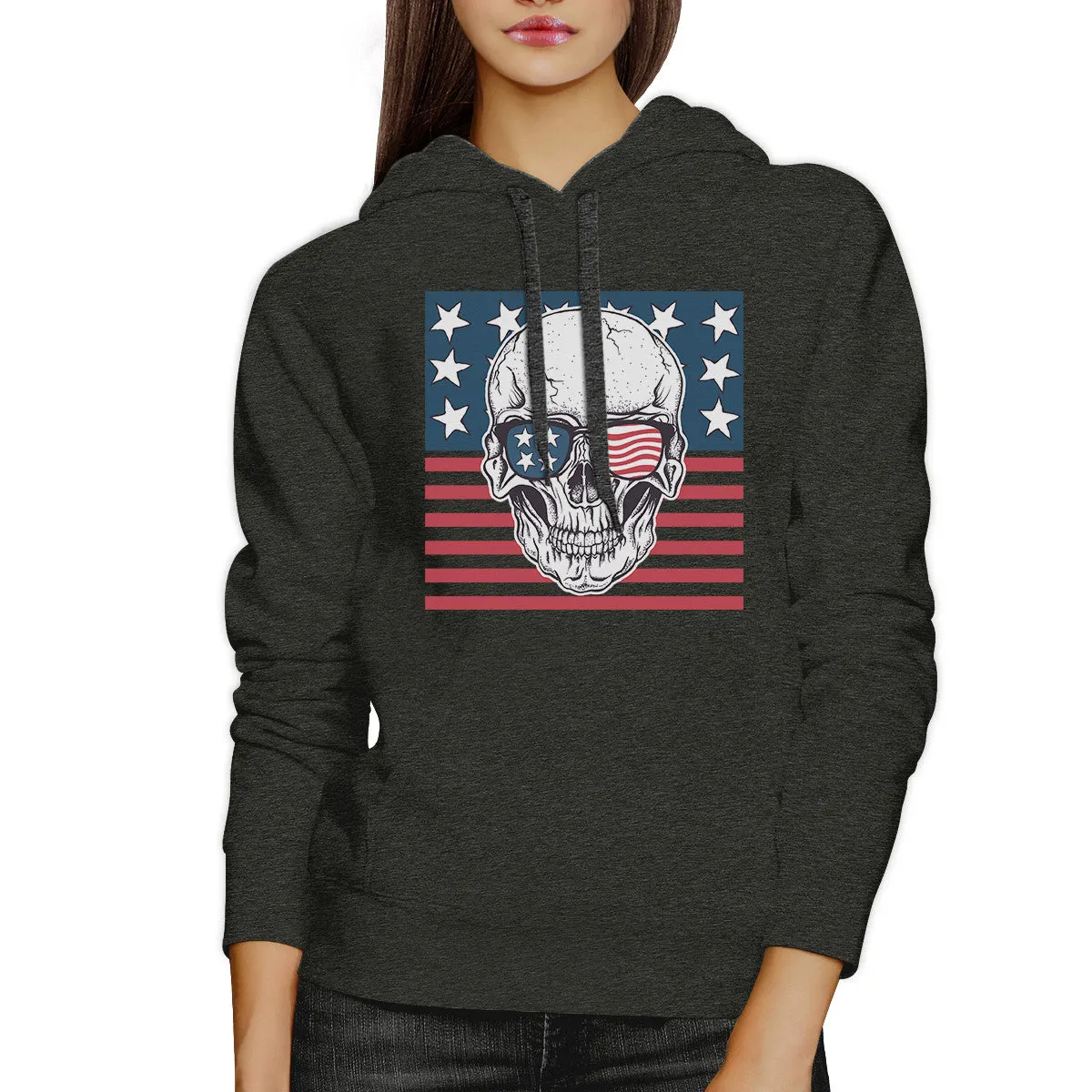 Skull American Flag Unisex Dark Grey Hoodie Round Neck Pullover Top