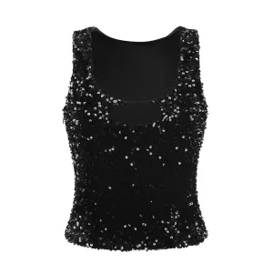 Solid Elegant Vests For Women Square Collar Sleeveless Patchwork Sequins Temperament Sexy Vest Female Fashion