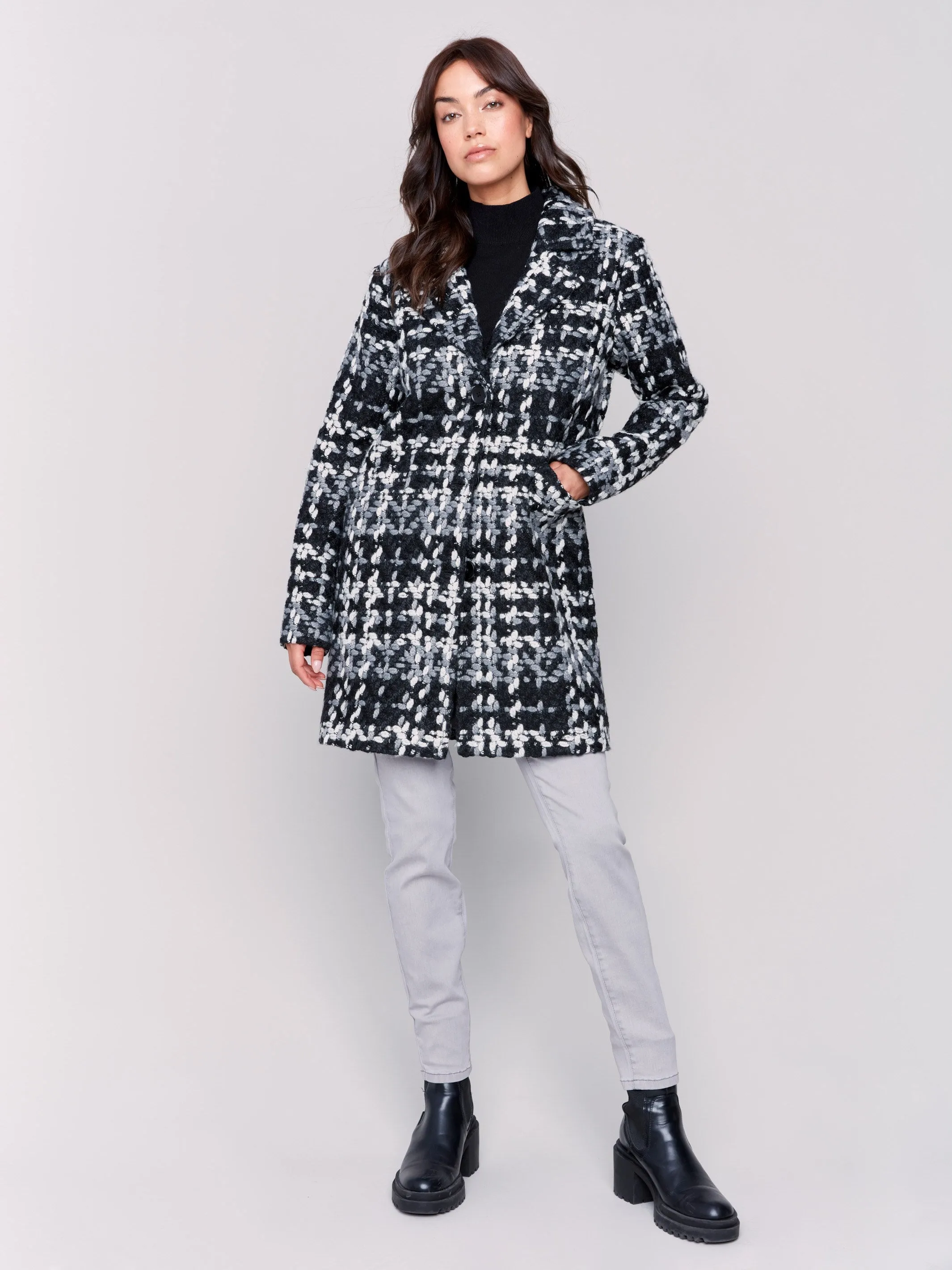 Straight Cut Bouclé Knit Coat - Black & White