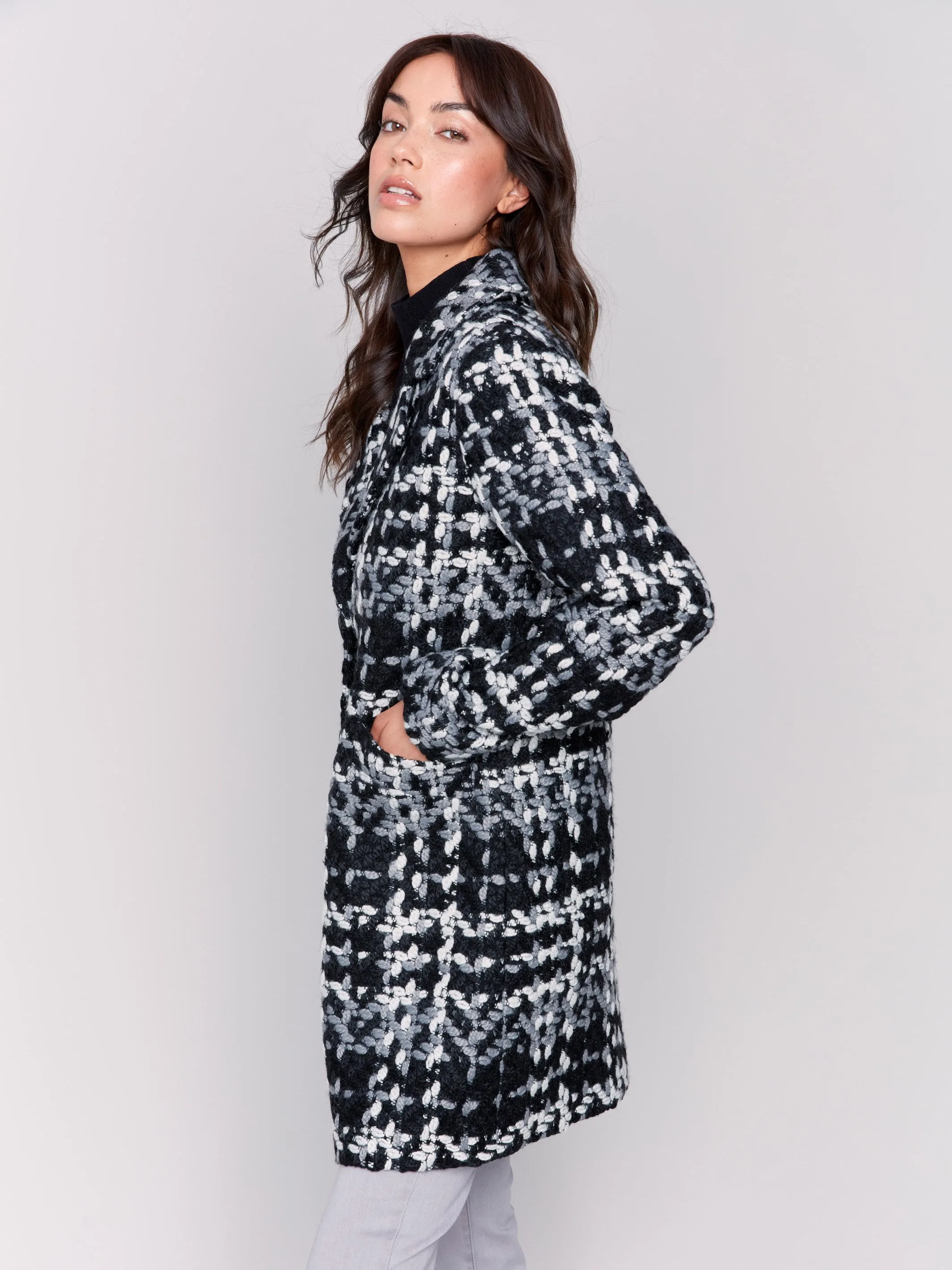 Straight Cut Bouclé Knit Coat - Black & White