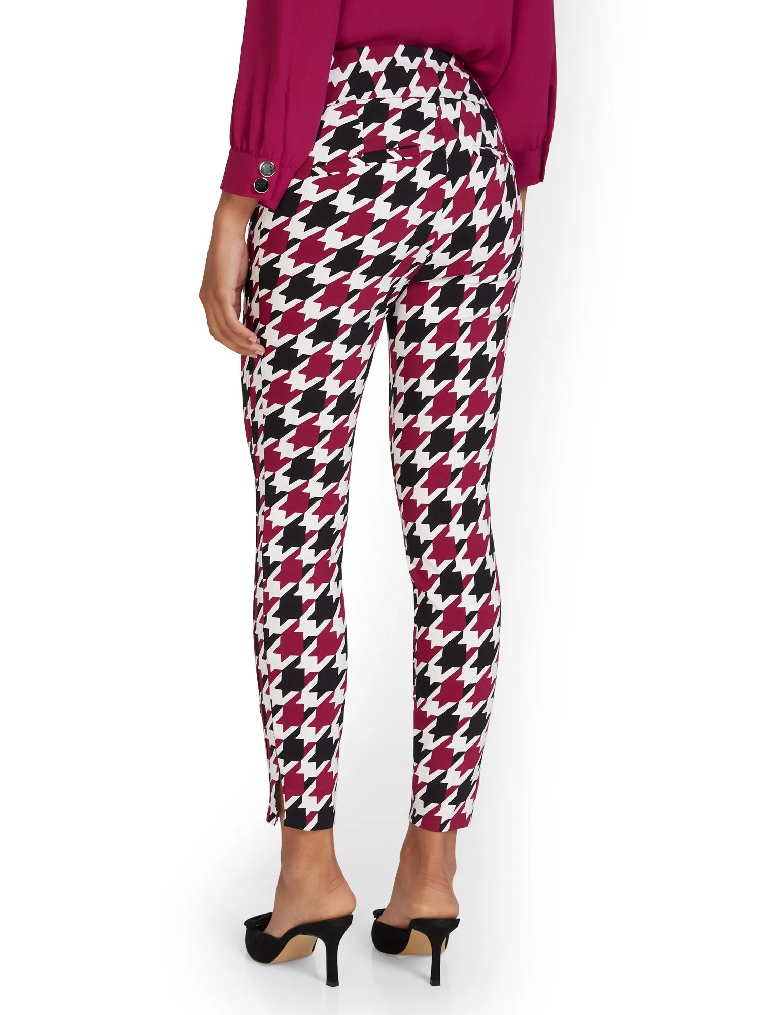 Whitney High-Waisted Pull-On Slim-Leg Ankle Pant - Berry Houndstooth