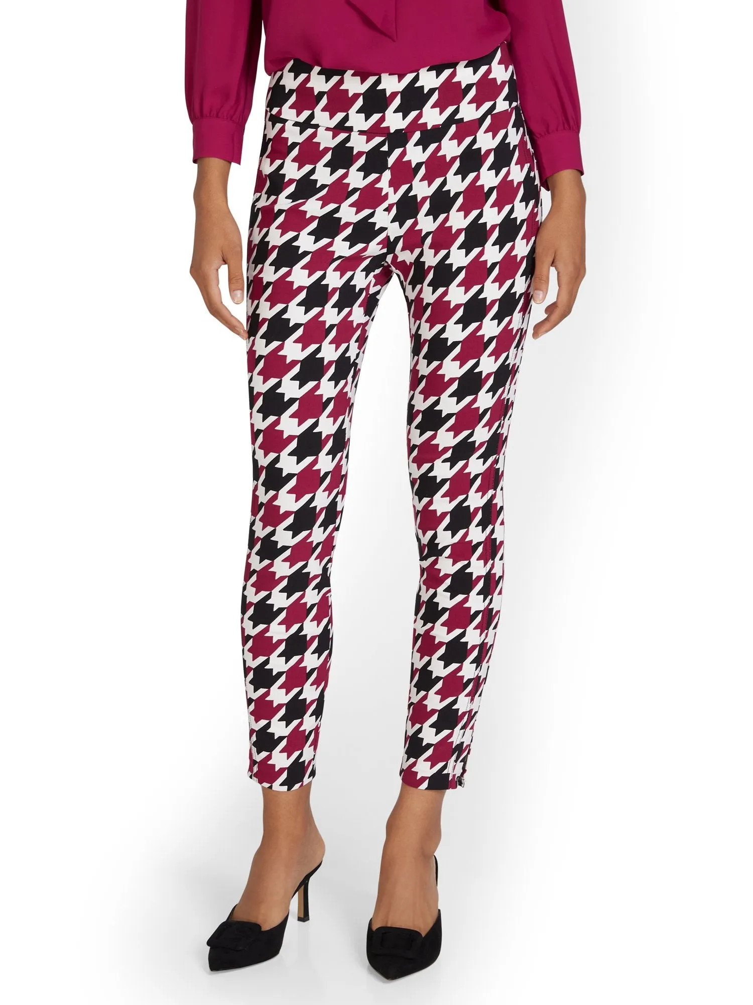 Whitney High-Waisted Pull-On Slim-Leg Ankle Pant - Berry Houndstooth