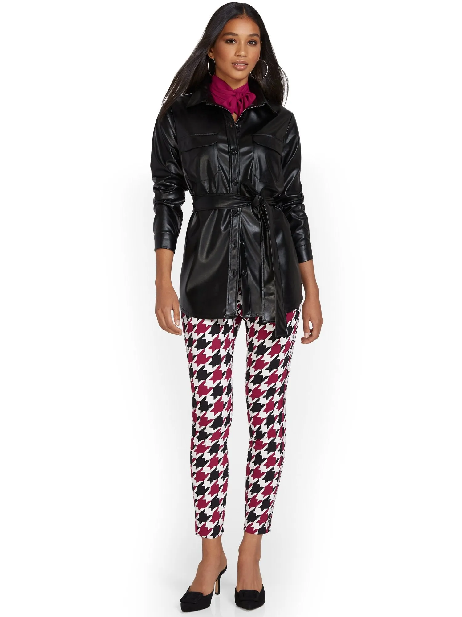 Whitney High-Waisted Pull-On Slim-Leg Ankle Pant - Berry Houndstooth