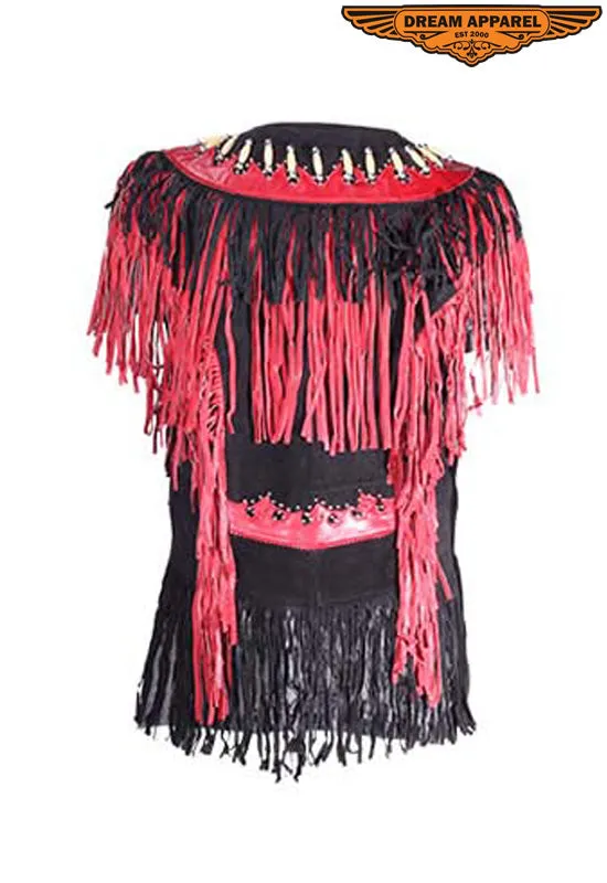 Womens Leather Vest with Black & Red Fringes