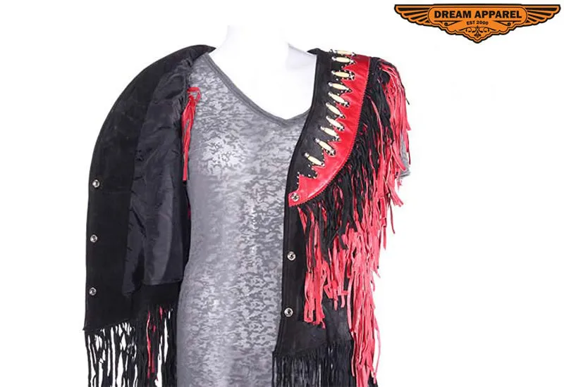 Womens Leather Vest with Black & Red Fringes