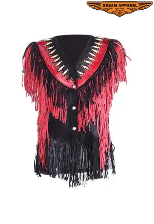 Womens Leather Vest with Black & Red Fringes