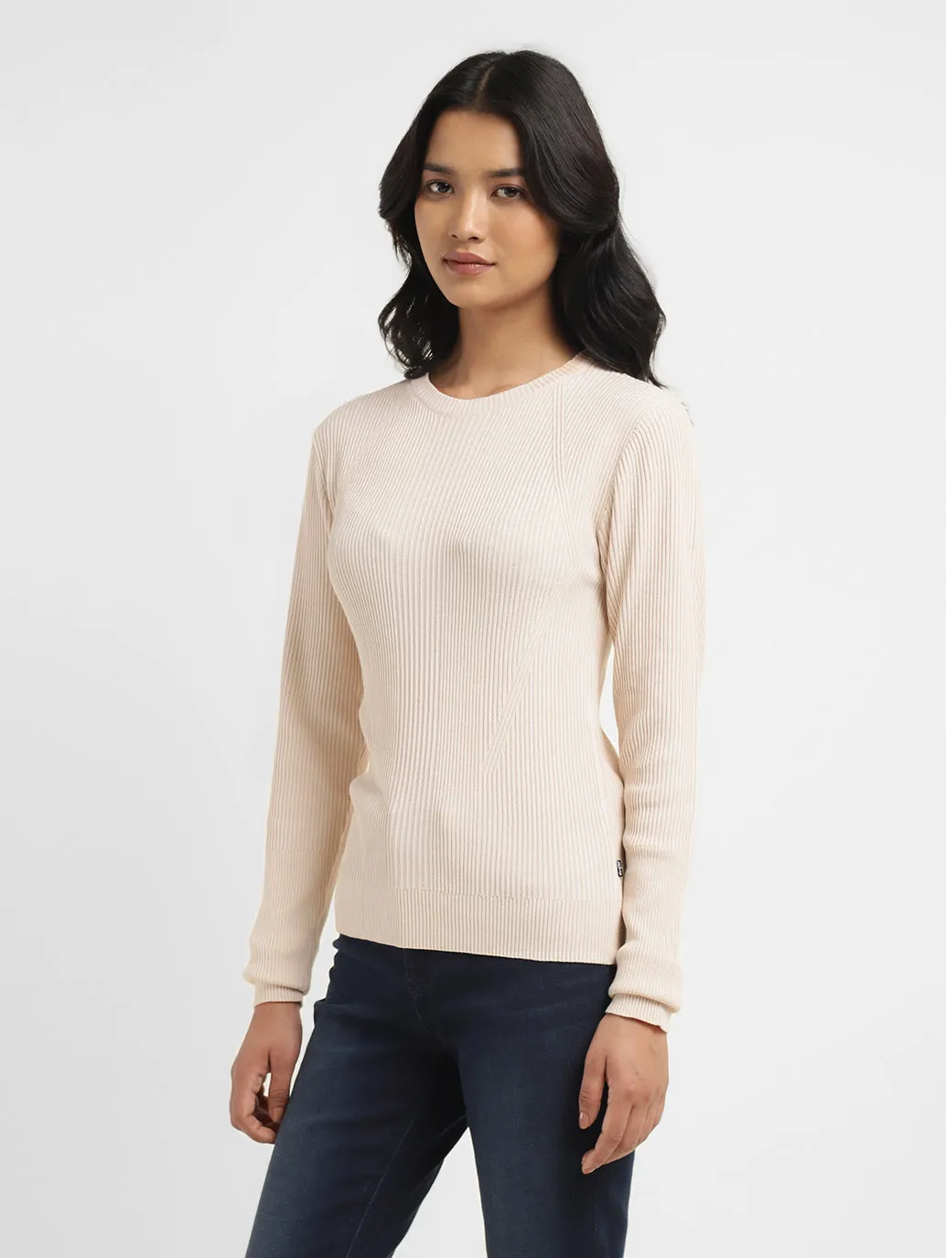 Women's Self Design Beige Crew Neck Sweater